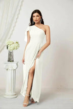 Numbersea Chiffon Ruffled One Shoulder Long Bridesmaid Dresses A-line Formal Evening Gown Side Split 2809 by numbersea