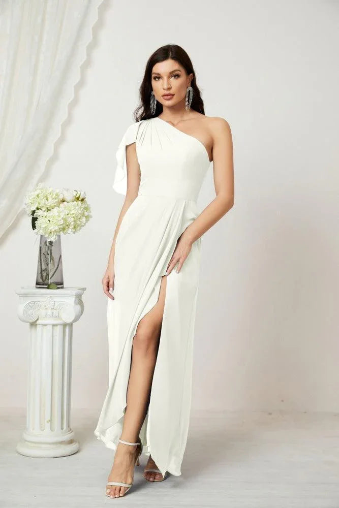 Numbersea Robe longue de demoiselle d'honneur en mousseline à volants, une épaule, coupe en A, robe de soirée formelle avec fente latérale 2809