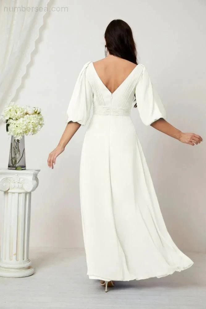 Numbersea Formal Prom Gown Women V-Neck Chiffon Bridesmaid Dresses Long Bishop Sleeve Party Dress 2807 by numbersea