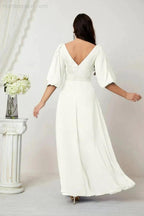 Numbersea Formal Prom Gown Women V-Neck Chiffon Bridesmaid Dresses Long Bishop Sleeve Party Dress 2807 by numbersea