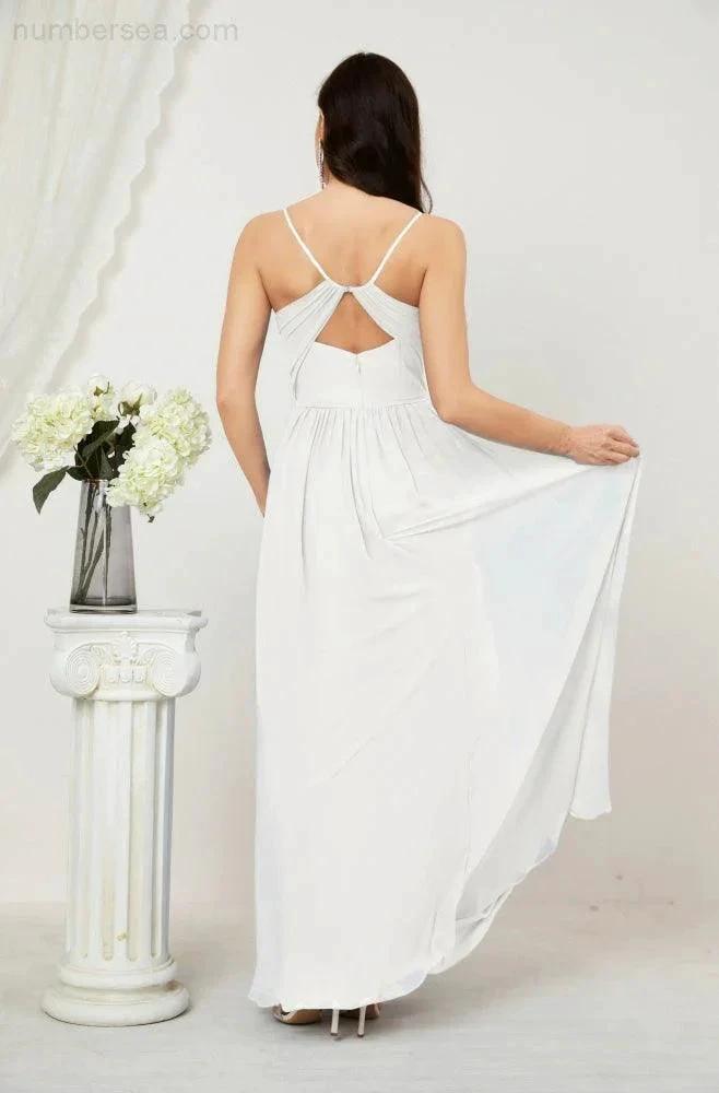 Numbersea Neck Bridesmaid Dresses Chiffon Long Spaghetti A-line Formal Prom Gown for Wedding Party Evening 2801 by numbersea