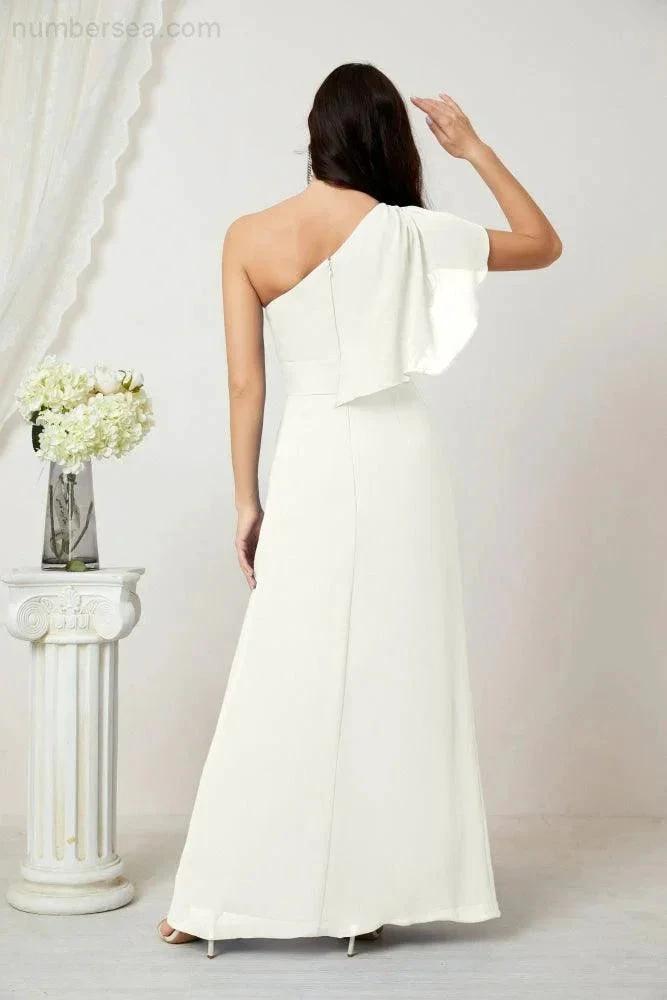 Numbersea Chiffon Ruffled One Shoulder Long Bridesmaid Dresses A-line Formal Evening Gown Side Split 2809 by numbersea
