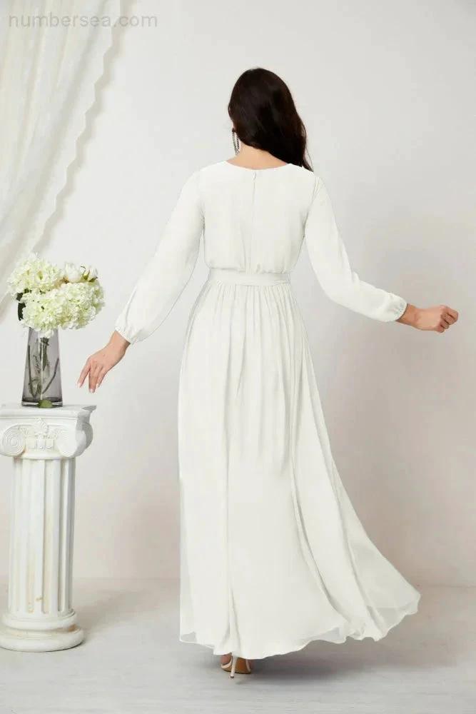 Sunnderly Evening Dresses Deep V-Neck Chiffon Bridesmaid Dresses Long Bishop Sleeve Side Split Formal Dress SY2806 by numbersea