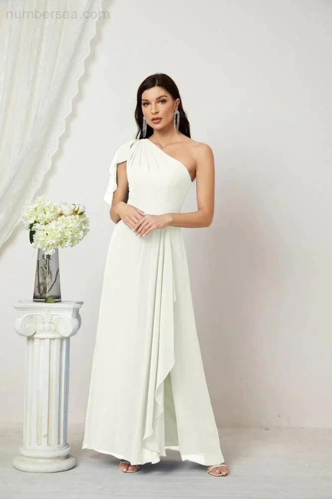 Numbersea Chiffon Ruffled One Shoulder Long Bridesmaid Dresses A-line Formal Evening Gown Side Split 2809 by numbersea