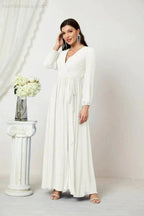 Sunnderly Evening Dresses Deep V-Neck Chiffon Bridesmaid Dresses Long Bishop Sleeve Side Split Formal Dress SY2806 by numbersea