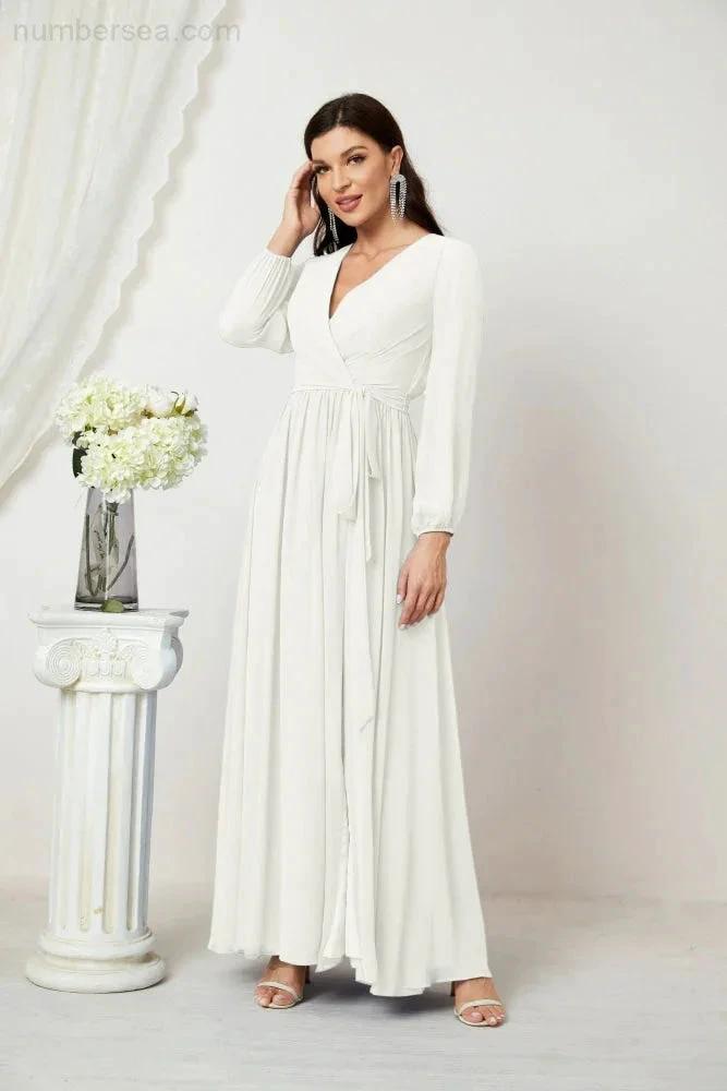Sunnderly Evening Dresses Deep V-Neck Chiffon Bridesmaid Dresses Long Bishop Sleeve Side Split Formal Dress SY2806 by numbersea