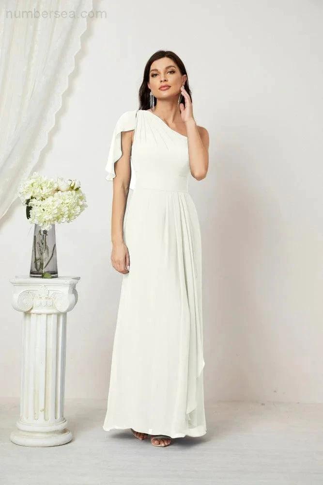 Numbersea Chiffon Ruffled One Shoulder Long Bridesmaid Dresses A-line Formal Evening Gown Side Split 2809 by numbersea