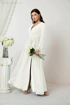 Sunnderly Evening Dresses Deep V-Neck Chiffon Bridesmaid Dresses Long Bishop Sleeve Side Split Formal Dress SY2806 by numbersea
