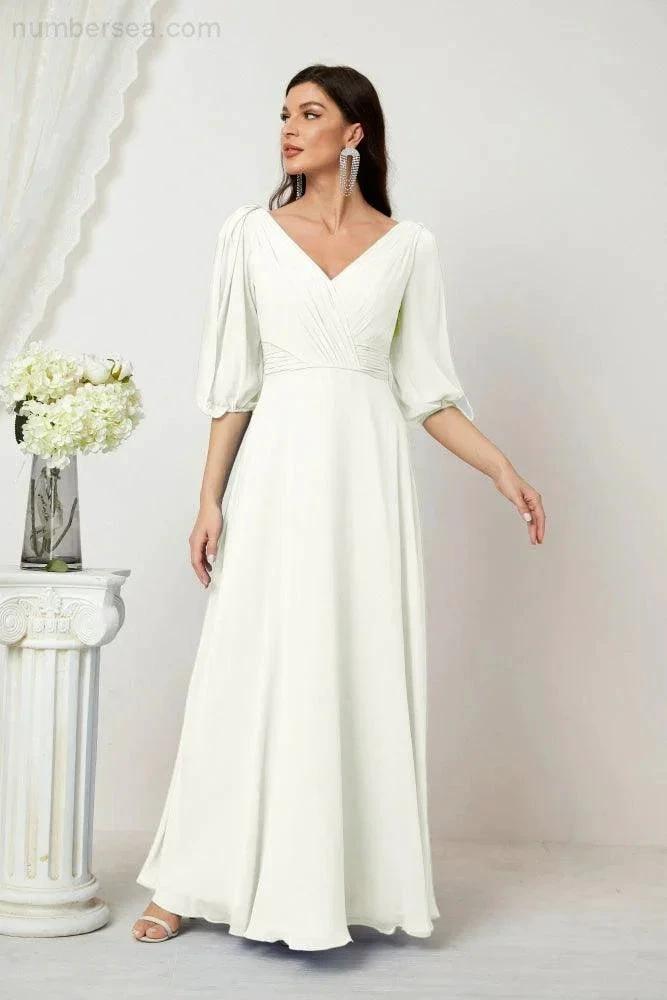 Numbersea Formal Prom Gown Women V-Neck Chiffon Bridesmaid Dresses Long Bishop Sleeve Party Dress 2807 by numbersea
