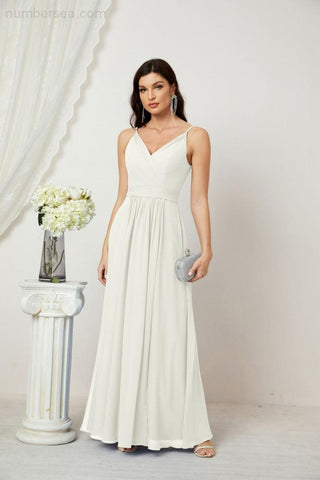 Numbersea Chiffon V-Neck Bridesmaid Dress Spaghetti Strap Long Formal Party Prom Gowns with Slit 28010