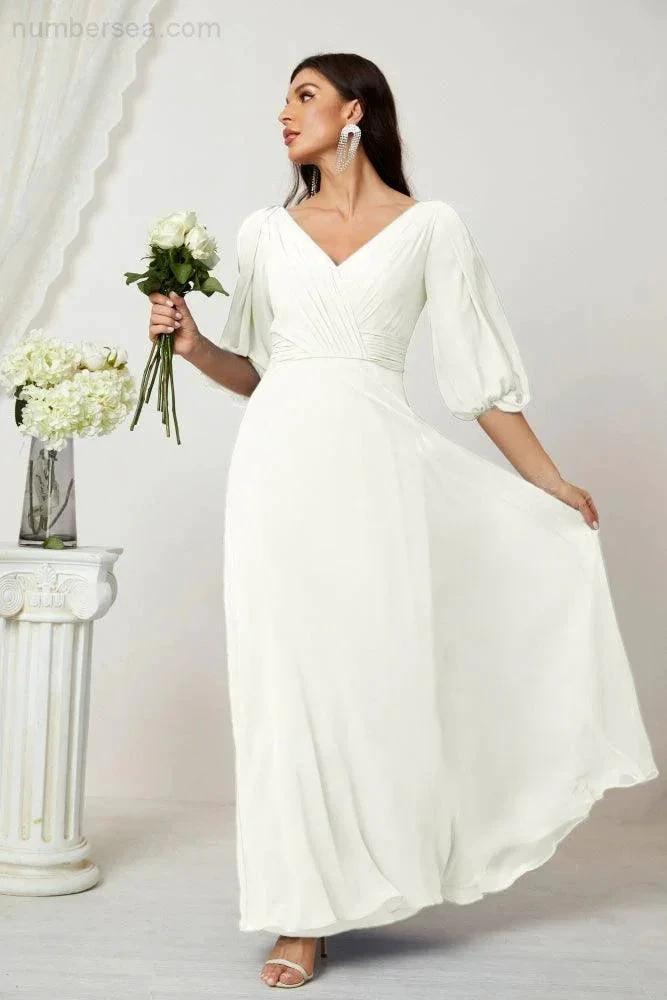Numbersea Formal Prom Gown Women V-Neck Chiffon Bridesmaid Dresses Long Bishop Sleeve Party Dress 2807 by numbersea