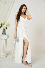 Numbersea Neck Bridesmaid Dresses Chiffon Long Spaghetti A-line Formal Prom Gown for Wedding Party Evening 2801 by numbersea