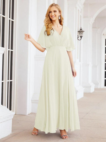 Numbersea V-Neck Bridesmaid Dress Chiffon Long Open Back Formal Dresses for Women Party Evening 28067