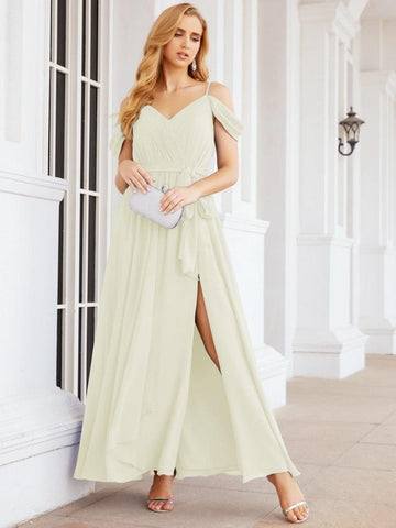 Numbersea Off The Shoulder Chiffon Bridesmaid Dress Long Formal Graduation Gown with Cowl Back 28069