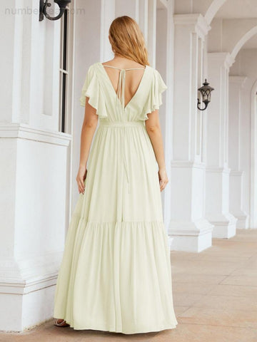 Numbersea Women's Open Back Formal Evening Party Prom Gowns V-Neck Long Chiffon Bridesmaid Dresses with Waist Belt 28038