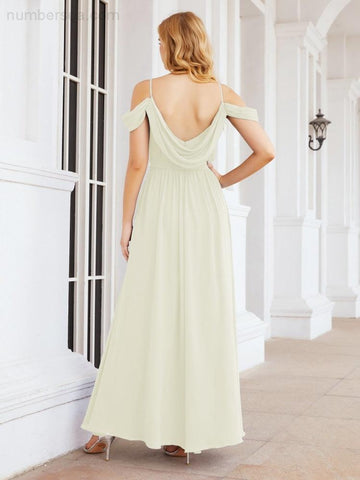 Numbersea Off The Shoulder Chiffon Bridesmaid Dress Long Formal Graduation Gown with Cowl Back 28069