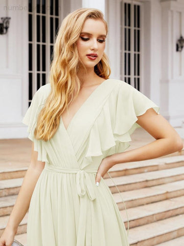 Numbersea Women's Open Back Formal Evening Party Prom Gowns V-Neck Long Chiffon Bridesmaid Dresses with Waist Belt 28038