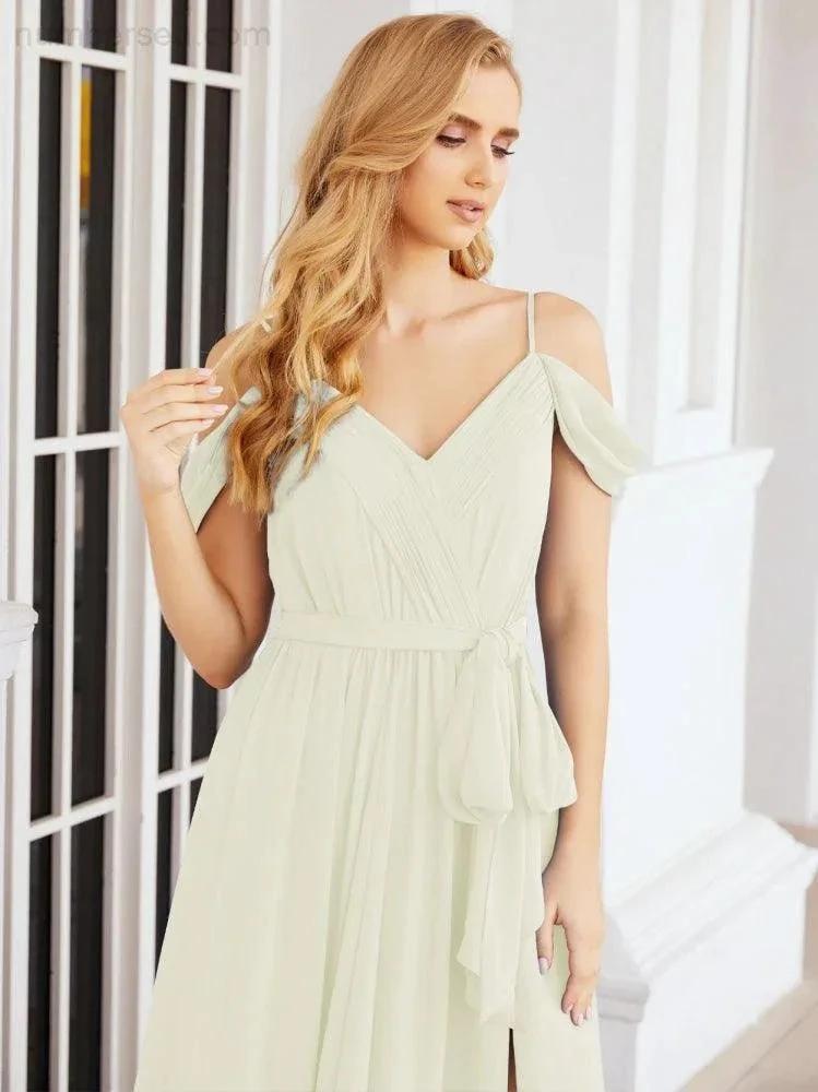 Numbersea Off The Shoulder Chiffon Bridesmaid Dress Long Formal Graduation Gown with Cowl Back 28069 by numbersea