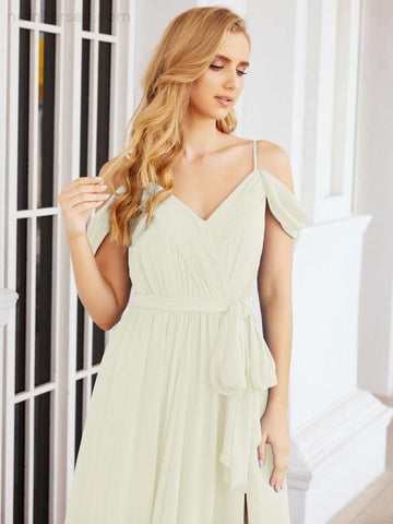 Numbersea Off The Shoulder Chiffon Bridesmaid Dress Long Formal Graduation Gown with Cowl Back 28069