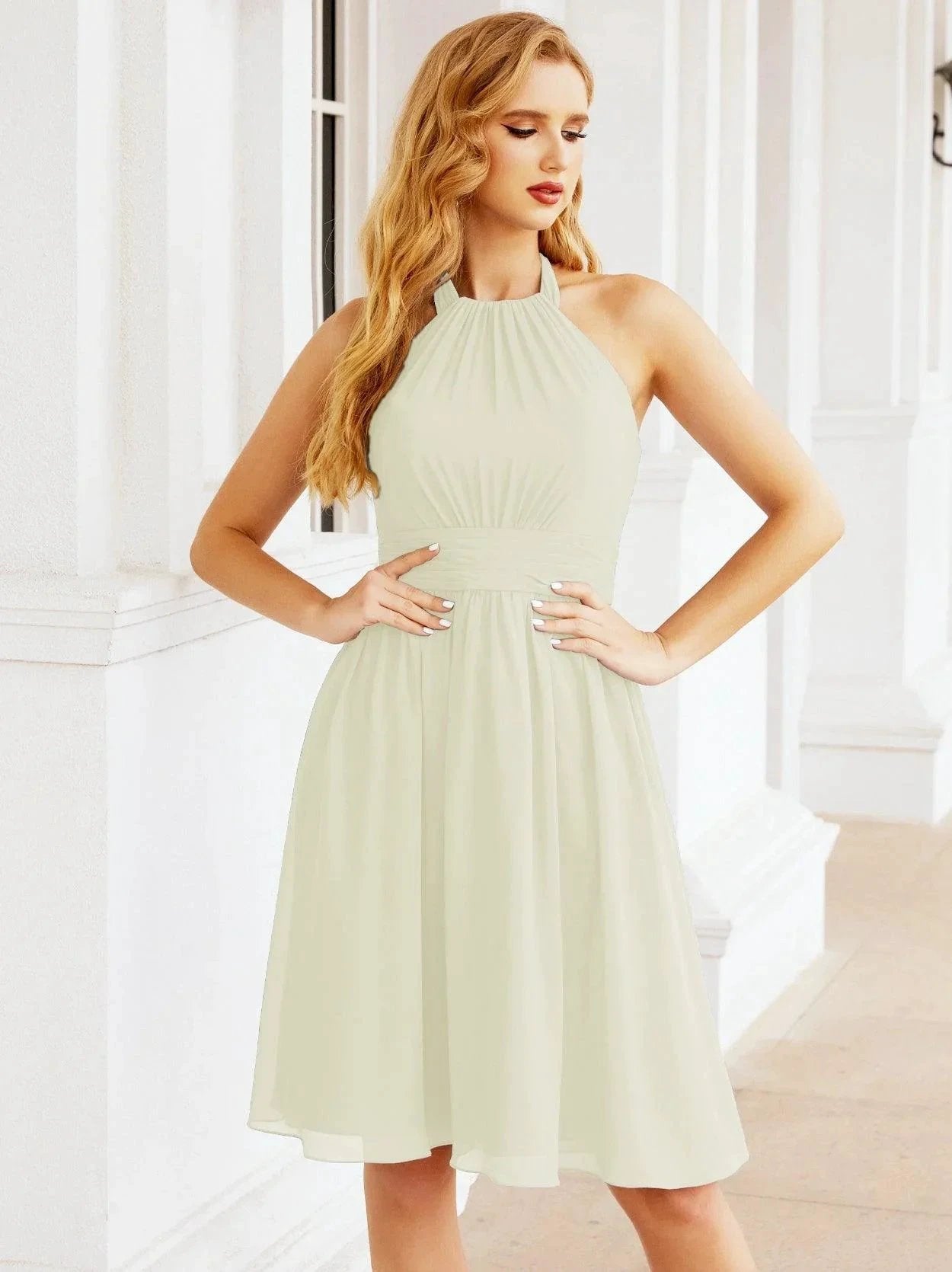 Numbersea Halter Chiffon Bridesmaid Dresses Short Sleeveless Formal Party Dress Open Back 28023 by numbersea