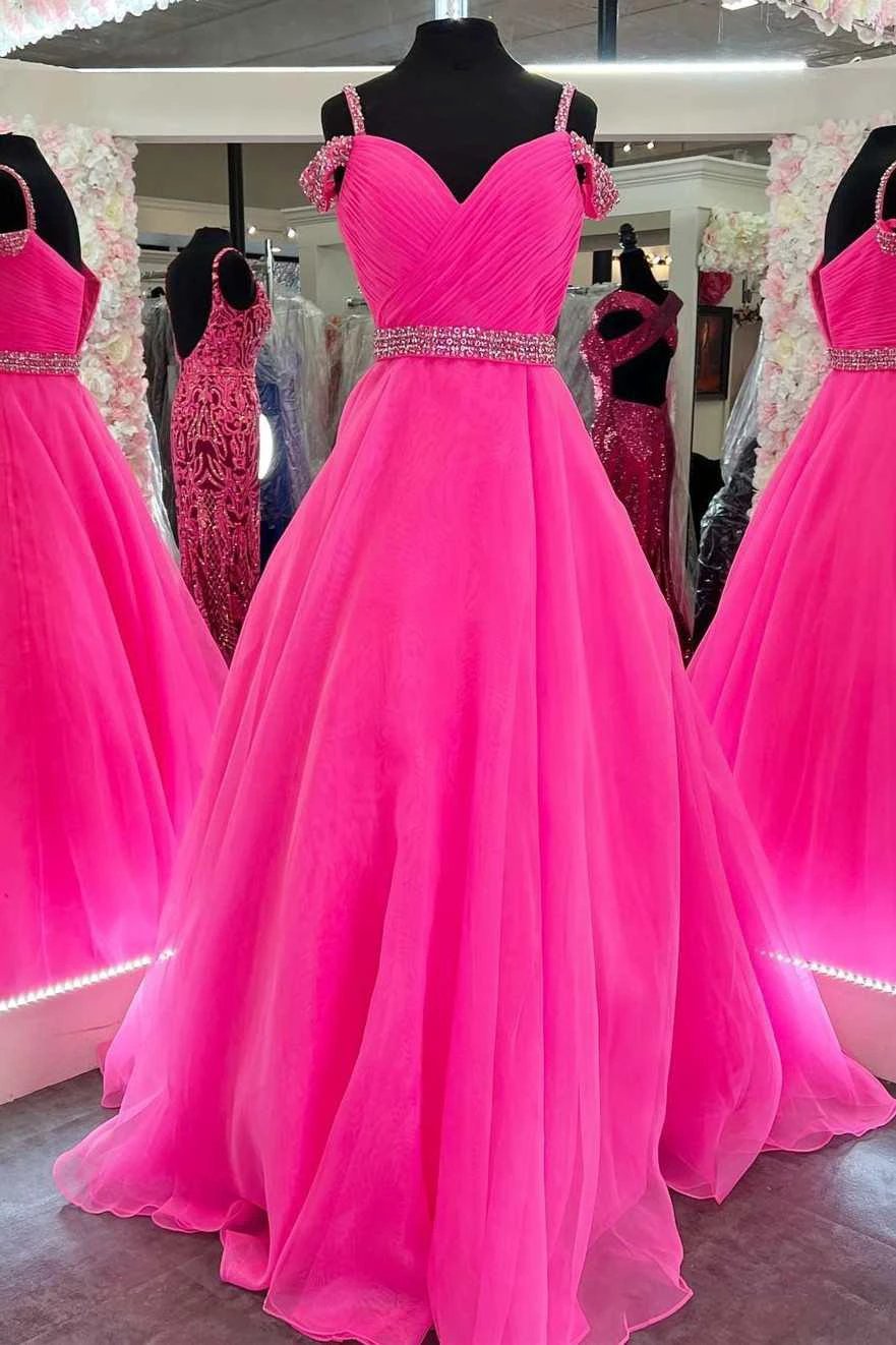 Hot Pink Beaded Cold-Shoulder A-Line Prom Dress by KissProm