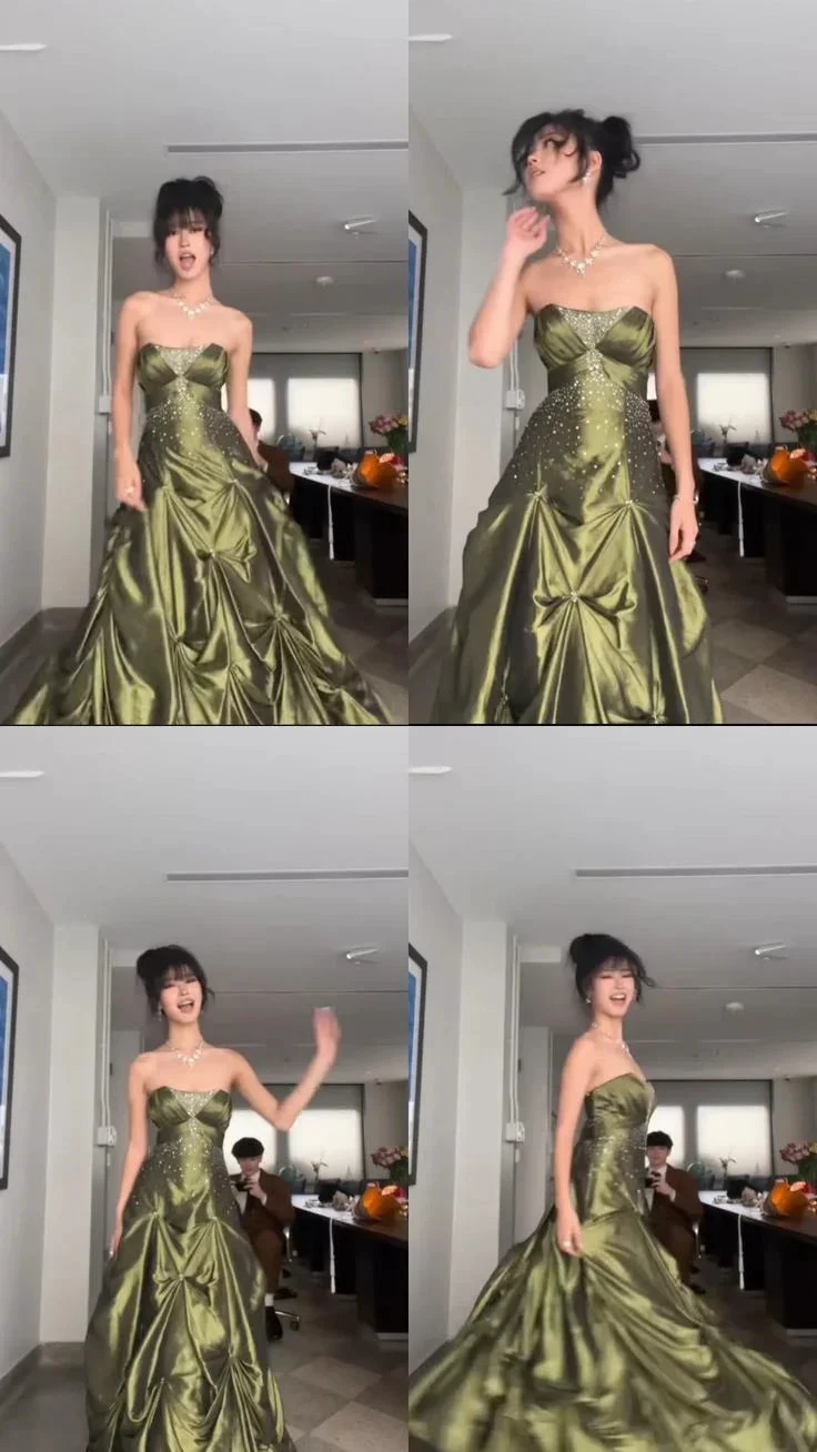 Pretty Strapless Green Satin Beaded Long Prom Dress Formal Brithday Dress Ball Gown Y7533 by simplepromdress