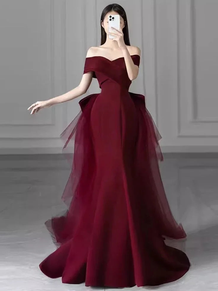 Mermaid Off Shoulder Evening Dress with Bow Burgundy Prom Dress Y7181 by simplepromdress