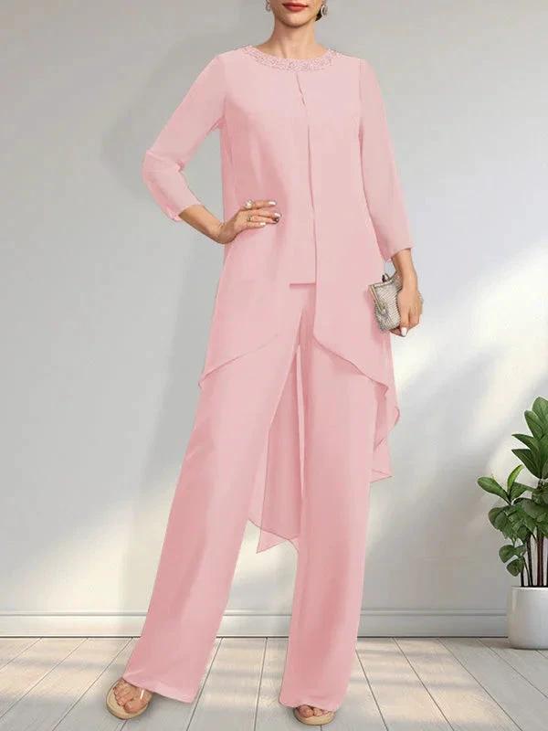 Separates Jumpsuit/Pantsuit Scoop Floor-Length Chiffon Mother of the Bride Dress With Sequins Beading by Dreamylily