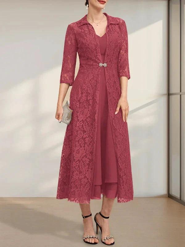 A-line V-Neck Tea-Length Chiffon Mother of the Bride Dress by Dreamylily
