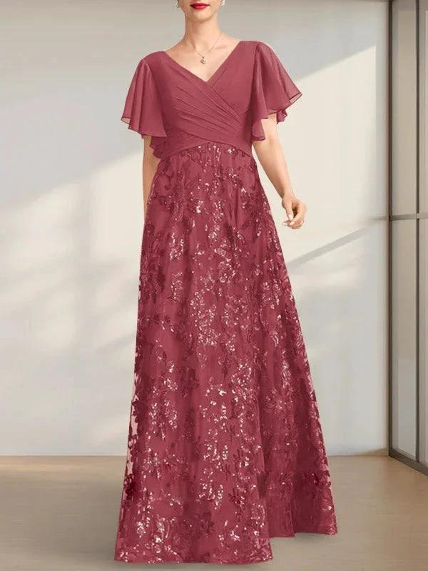 A-line V-Neck Floor-Length Lace Sequin Chiffon Mother of the Bride Dress With Pleated by Dreamylily