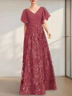 A-line V-Neck Floor-Length Lace Sequin Chiffon Mother of the Bride Dress With Pleated by Dreamylily
