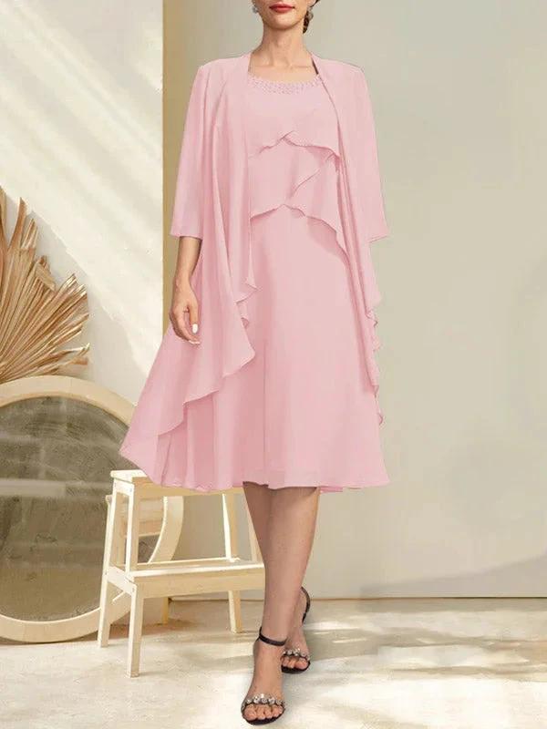 A-line Scoop Knee-Length Chiffon Mother of the Bride Dress With Beading by Dreamylily