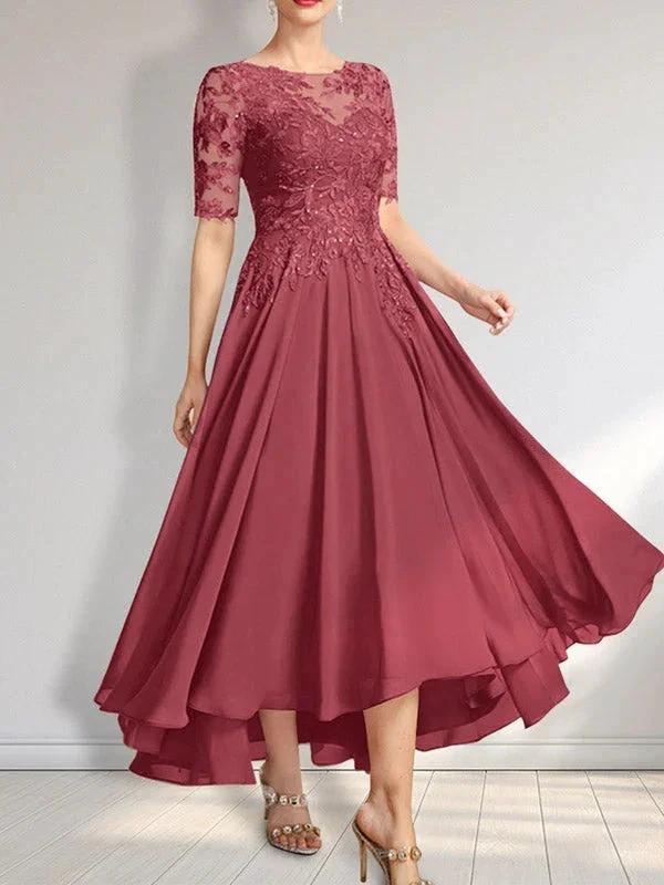 A-line Scoop Illusion Asymmetrical Chiffon Lace Mother of the Bride Dress With Sequins by Dreamylily