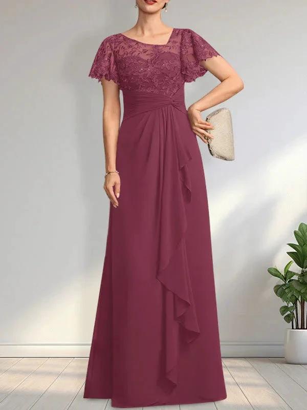 A-line Asymmetrical Illusion Floor-Length Lace Chiffon Mother of the Bride Dress With Cascading Ruffles Sequins by Dreamylily