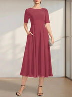 A-line Scoop Tea-Length Chiffon Mother of the Bride Dress With Appliques Lace Sequins by Dreamylily