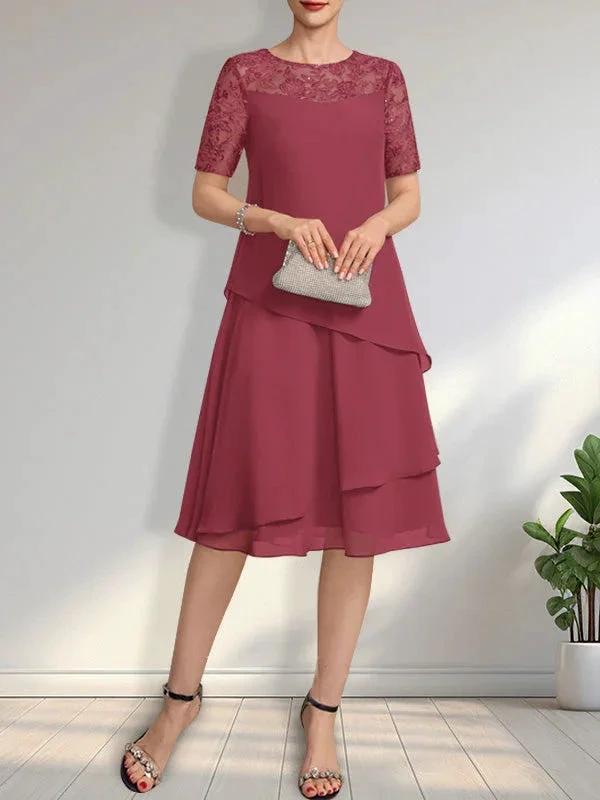 A-line Scoop Illusion Knee-Length Lace Chiffon Mother of the Bride Dress With Sequins by Dreamylily