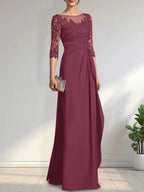 A-line Scoop Illusion Floor-Length Chiffon Lace Mother of the Bride Dress With Beading Sequins Cascading Ruffles by Dreamylily