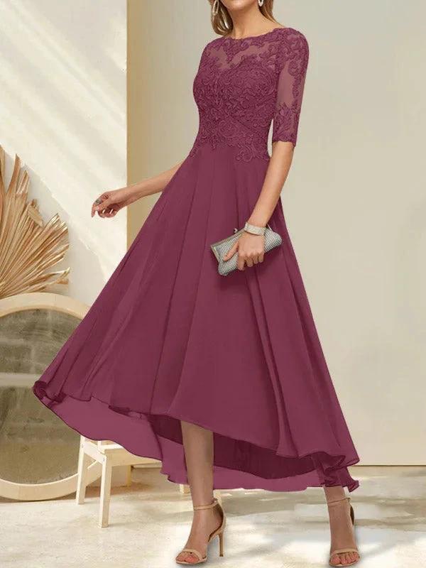 A-line Boat Neck Illusion Asymmetrical Chiffon Lace Mother of the Bride Dress With Sequins Beading by Dreamylily