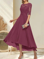 A-line Boat Neck Illusion Asymmetrical Chiffon Lace Mother of the Bride Dress With Sequins Beading by Dreamylily