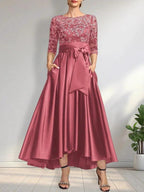 A-line Scoop Illusion Asymmetrical Satin Lace Mother of the Bride Dress With Bow by Dreamylily