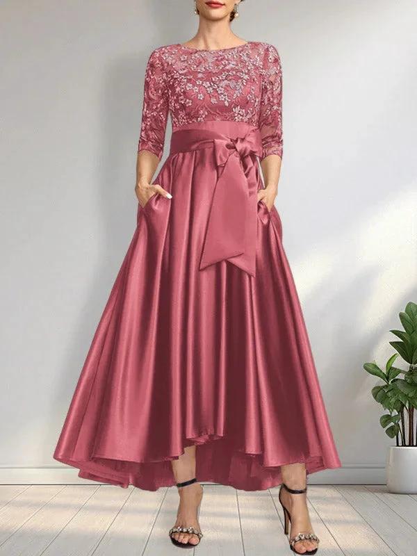 A-line Scoop Illusion Asymmetrical Satin Lace Mother of the Bride Dress With Bow by Dreamylily