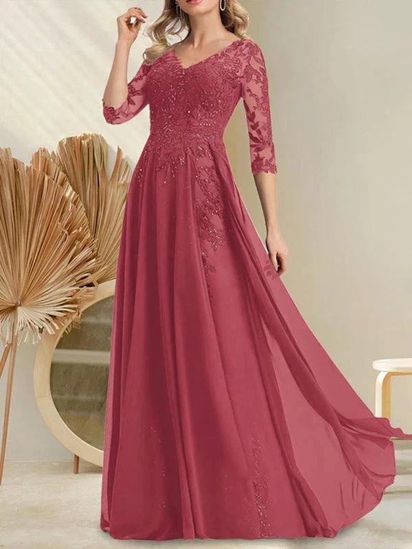 A-line V-Neck Floor-Length Lace Chiffon Mother of the Bride Dress With Sequins by Dreamylily
