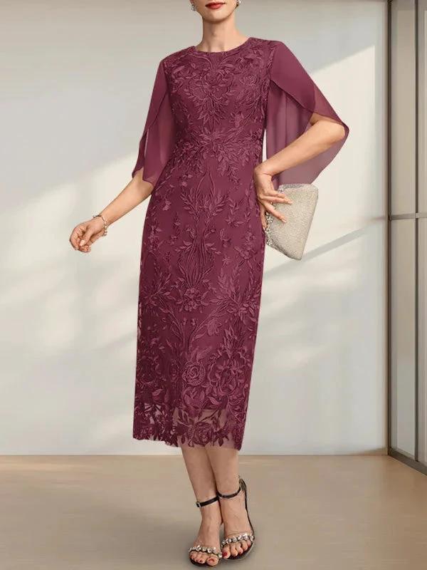 Sheath/Column Scoop Tea-Length Lace Chiffon Mother of the Bride Dress by Dreamylily