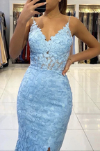 Mermaid V Neck Backless Blue Lace Long Prom Dress, Mermaid Blue Lace Formal Dress, Blue Lace Evening Dress Y333 by simplepromdress