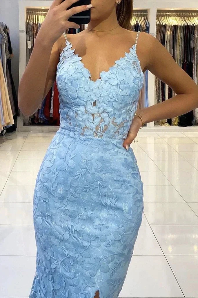 Mermaid V Neck Backless Blue Lace Long Prom Dress, Mermaid Blue Lace Formal Dress, Blue Lace Evening Dress Y333 by simplepromdress