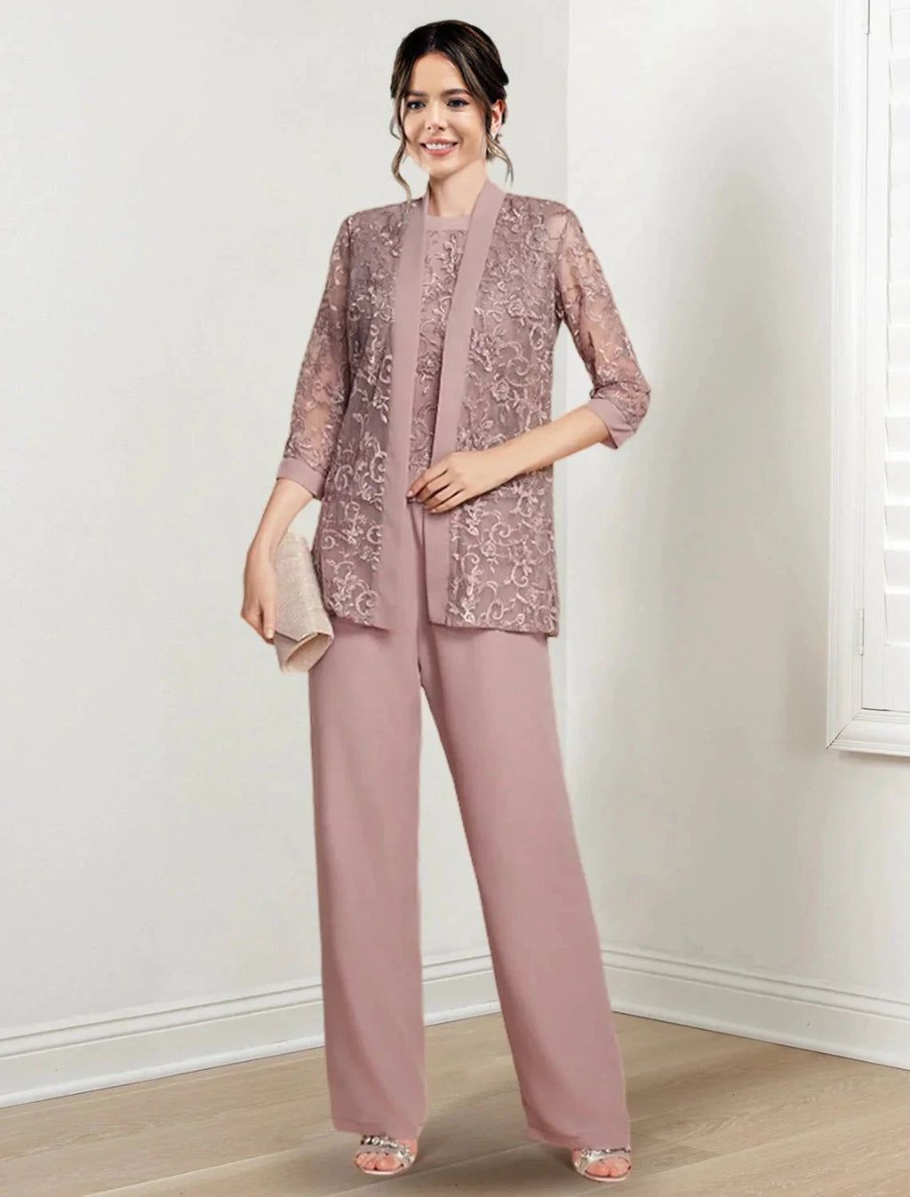 Chiffon Jewel Neck Mother of the Bride Pantsuits with Jacket by Dreamylily