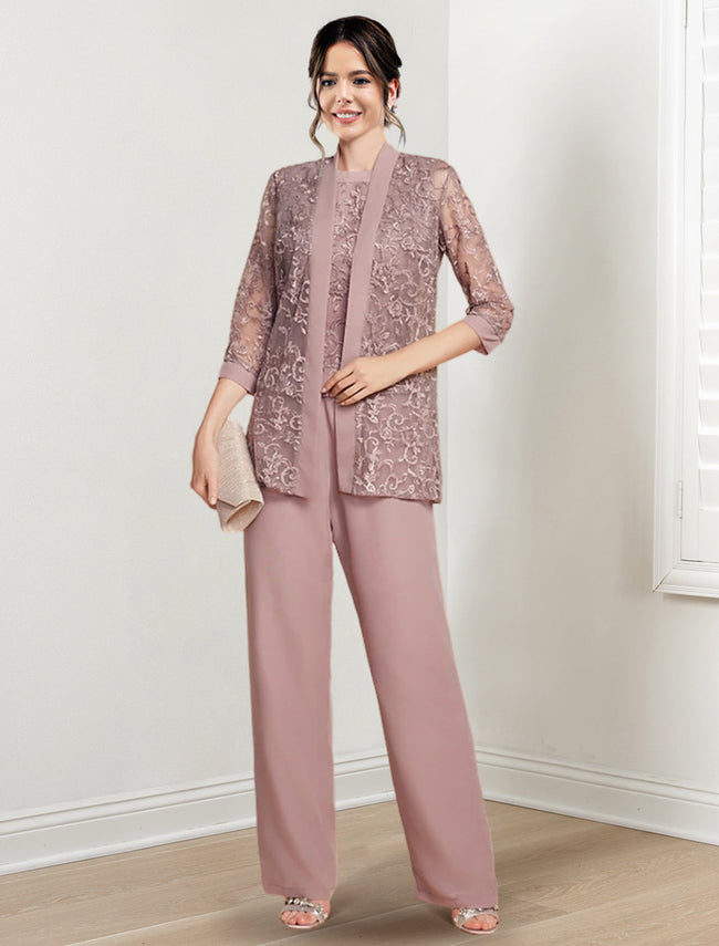Chiffon Jewel Neck Mother of the Bride Pantsuits with Jacket Hover Image