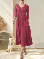 A-line V-Neck Tea-Length Chiffon Lace Mother of the Bride Dress With Beading by Dreamylily