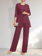 Jumpsuit/Pantsuit Separates Scoop Floor-Length Chiffon Lace Mother of the Bride Dress With Sequins by Dreamylily