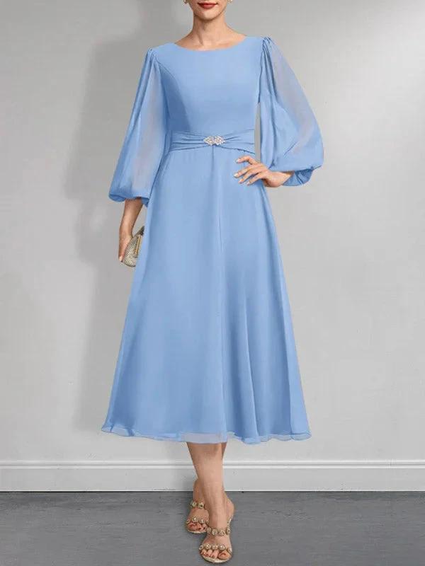 A-line Scoop Tea-Length Chiffon Mother of the Bride Dress With Crystal Brooch Pleated by Dreamylily